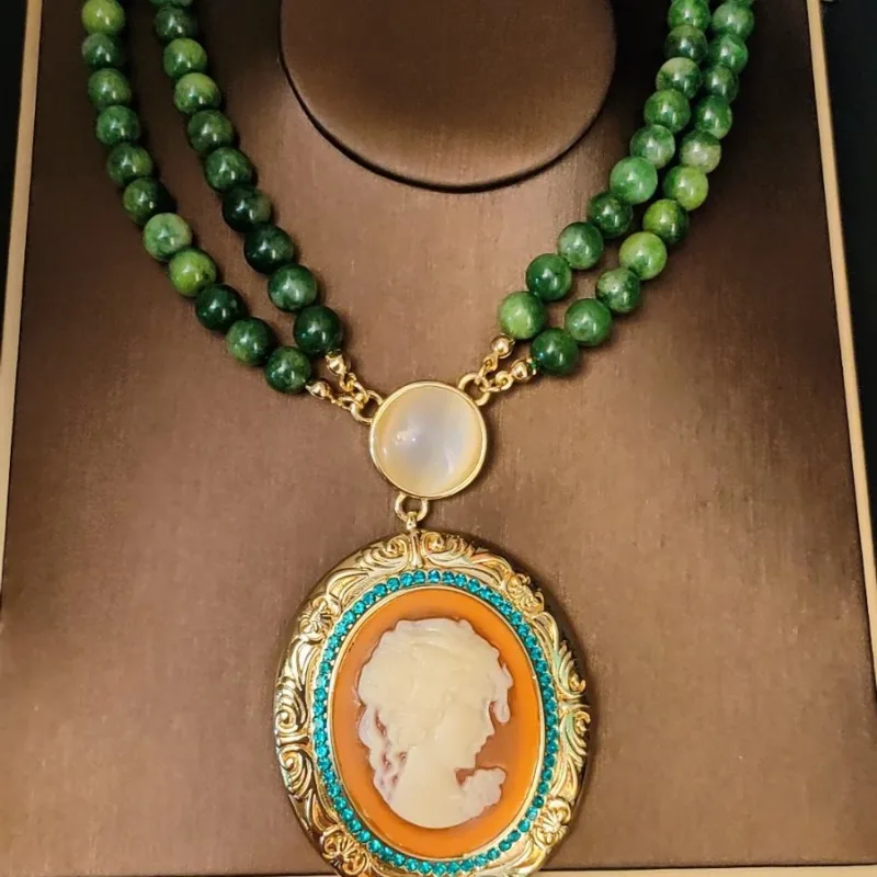 Vintage Relief Portrait Necklace for Women, Natural Stone Unique Designer High End Retro Pendant Jewelry