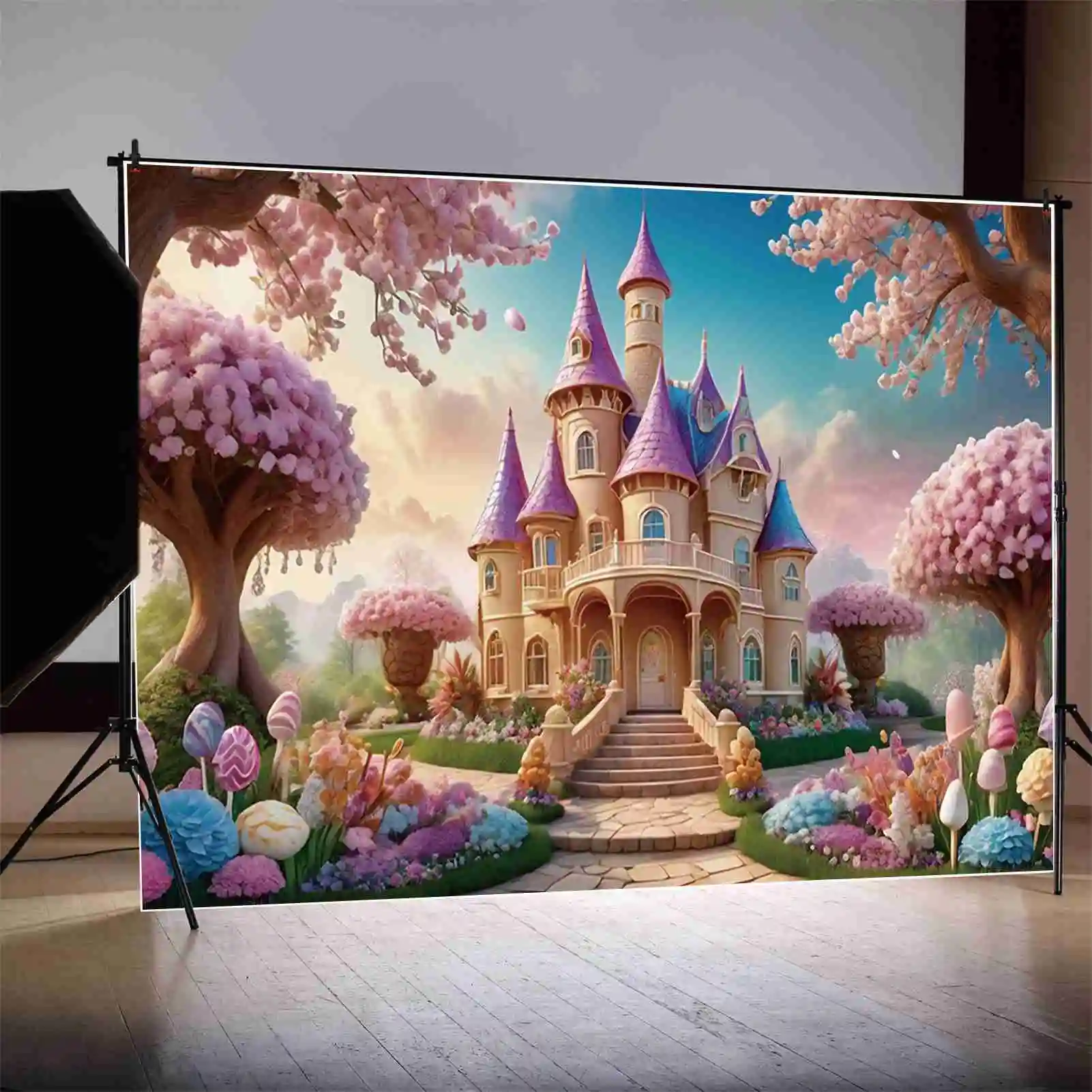 MOON.QG Girls Birthday Fairy Princess Castle Backdrop Enchanted Flower Garden Background Sign Children's Party Photography Props