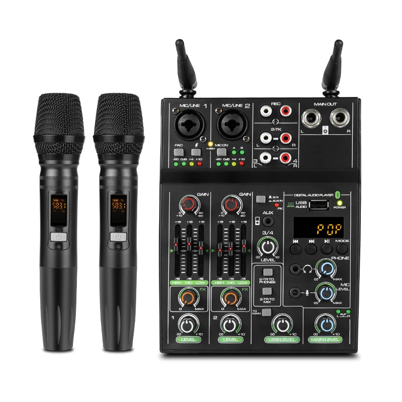 

4 Channel USB Audio Mixer with Wireless Microphone Studio Sound Mixers Bluetooth-compatible REC DJ Console Mixing for Karaoke