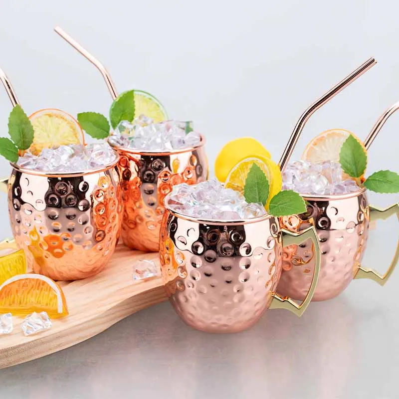 طقم أكواب موسكو البغل مع قش مطلي بالنحاس مطروق 350 مل - 304 أكواب صغيرة من الفولاذ المقاوم للصدأ مع صندوق هدايا للبار والمنزل