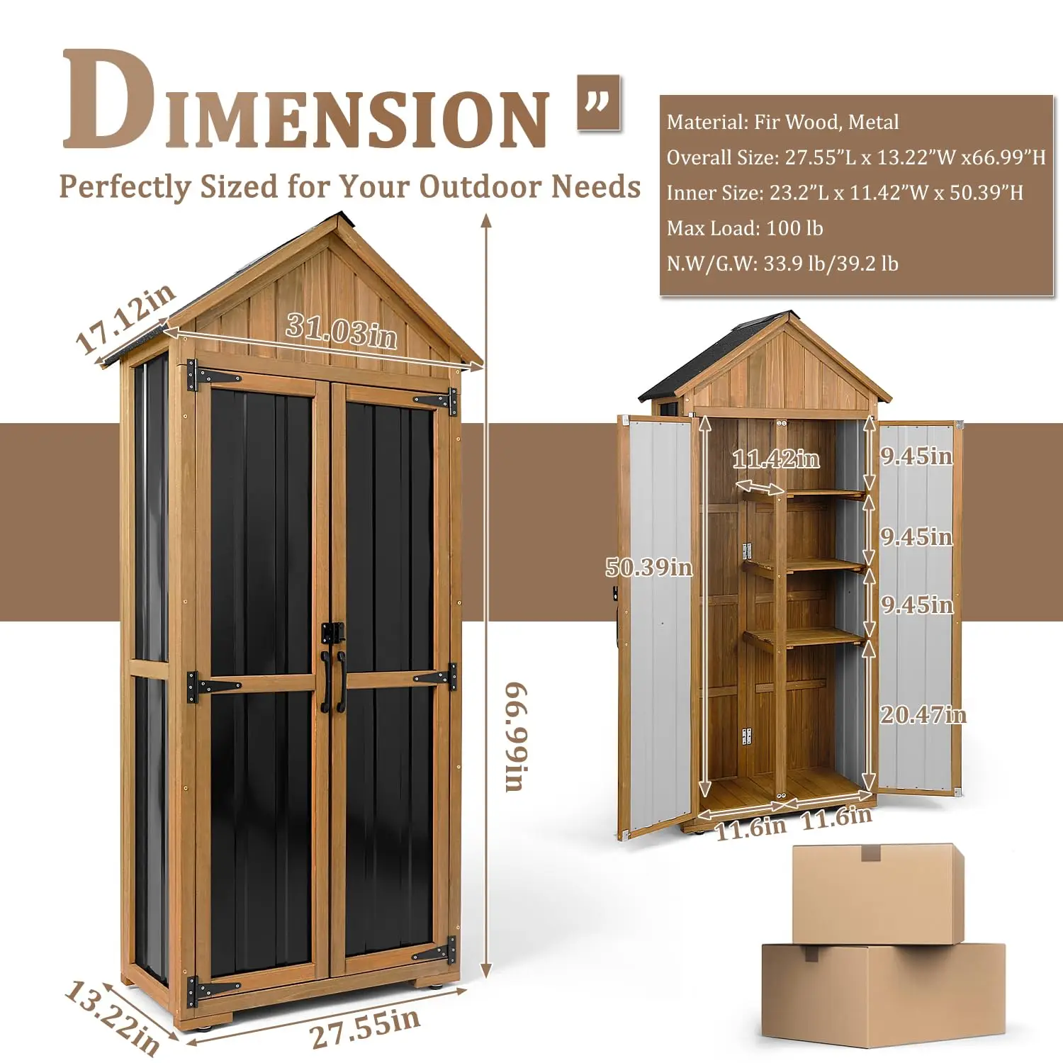 Outdoor Storage Cabinet Waterproof Shed with Shelves, Wood & Metal Patio Backyard Garden Tool Organizer for Outside, Customized