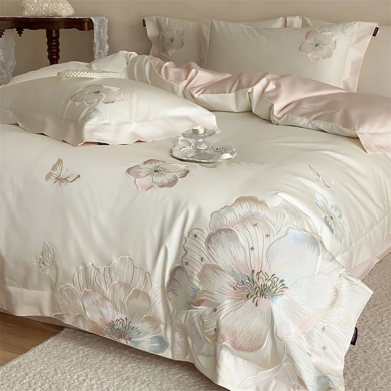 100% Cotton Elegant Floral Butterfly Embroidery Luxury Bedding Set Duvet Cover Bed Sheet/Fitted Sheet Pillowcases Home Textiles
