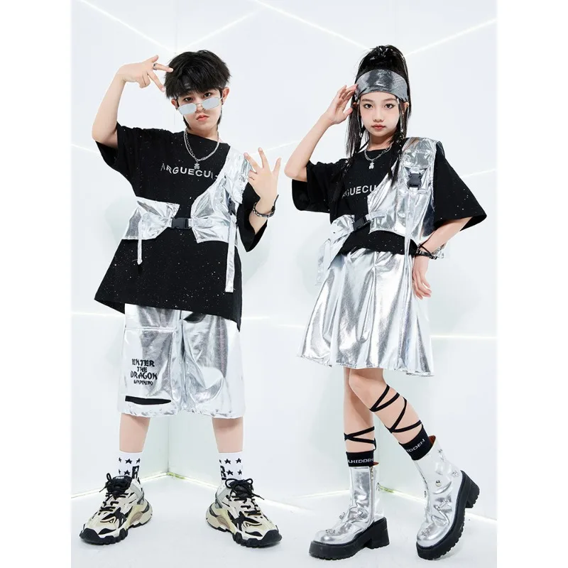 

Детская черная футболка в стиле хип-хоп, серебряный жилет, шорты для уличных танцев, юбка с блестками для девочек-подростков, мальчиков, сценические костюмы для джазовых танцев