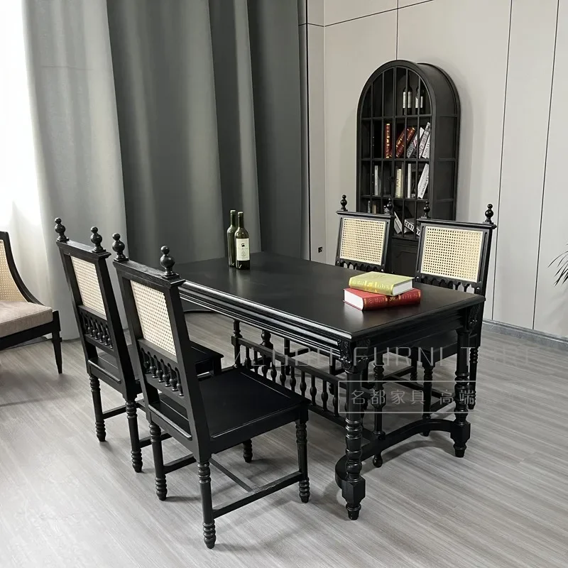 โต๊ะอาหารแบล็คไนท์ ไม้เนื้อแข็ง สไตล์ฝรั่งเศสย้อนยุค โต๊ะสี่เหลี่ยม โต๊ะอาหาร โต๊ะวางของที่ทางเข้า