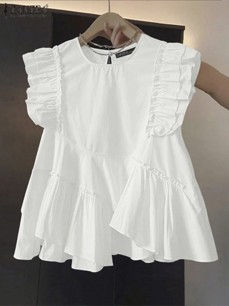 

ZANZEA Women Blouse Fashion Ruffles Tops Casual Loose Asymmetrical Tunic 2025 Summer O Neck Sleeveless Pullover Solid Blusas