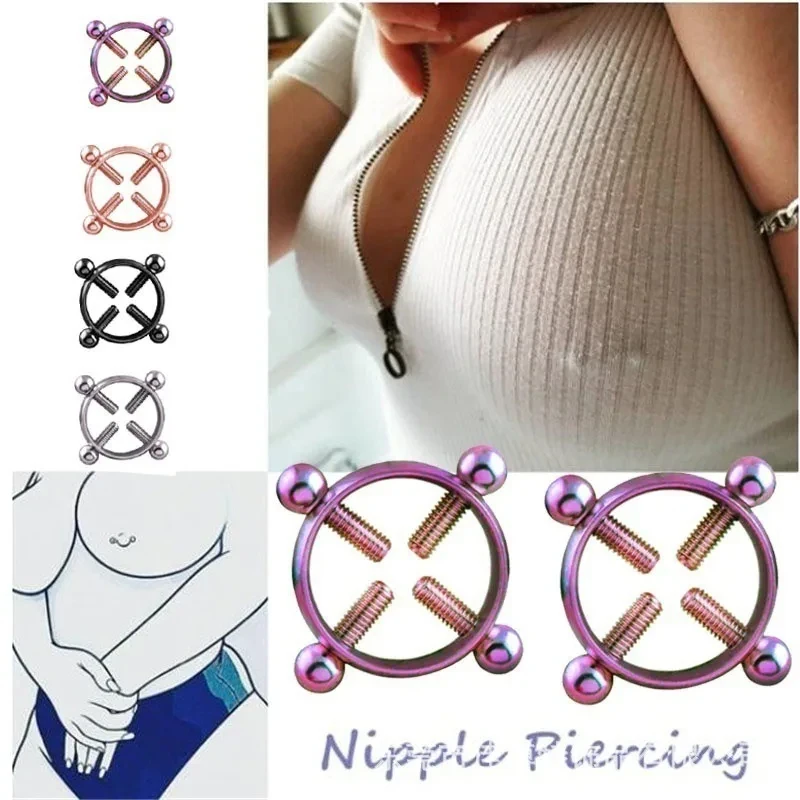 1Pair 316L Stainless Steel Adjustable Nipple Ring for Women, Various Colors Clip On Nipple Rings Fake Nipple Piercing Jewelry