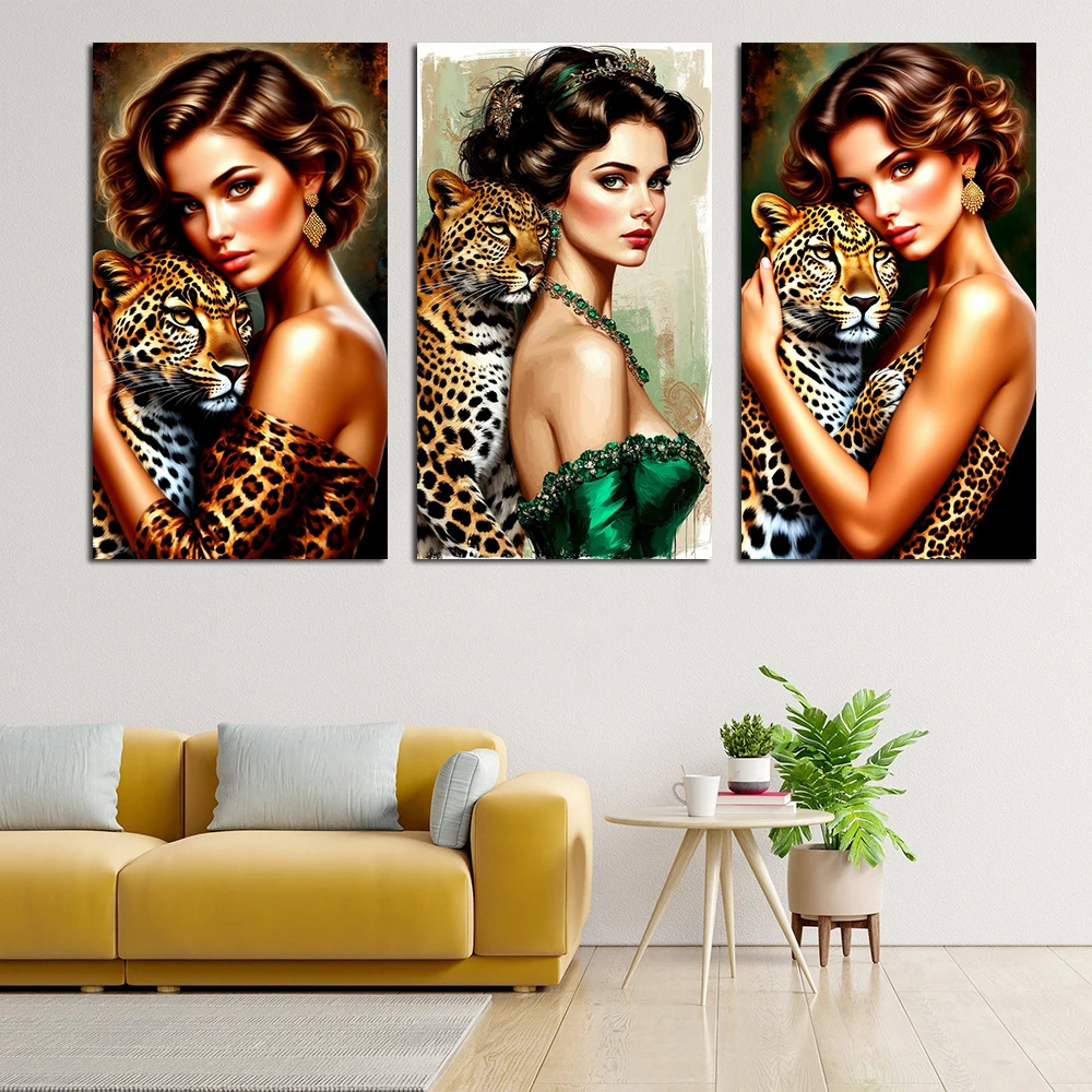 Flapper Woman Leopard Painting Vintage Wall Art Poster Elegant Lady Wild Life Picture Home Room Interior Decor Canvas Print