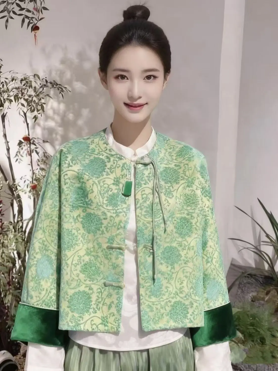High-Quality New Chinese Style Printing Fashionable Exquisite Loose Splicing Sleeves Beautiful Spring And Autumn Coat Green Coat