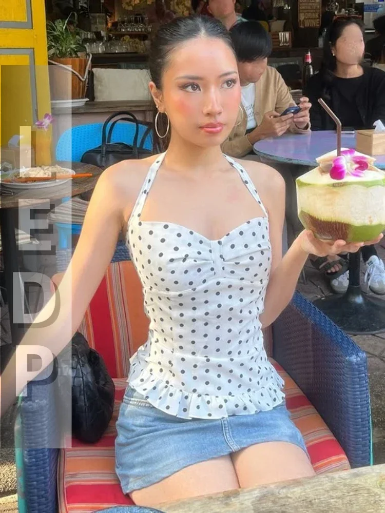 IMU Aesthetic Chic Y2k Camisole Women Pastel Goth Streetwear Sweet Polka Dot Backless Halter Corset Crop Tank Tops Female