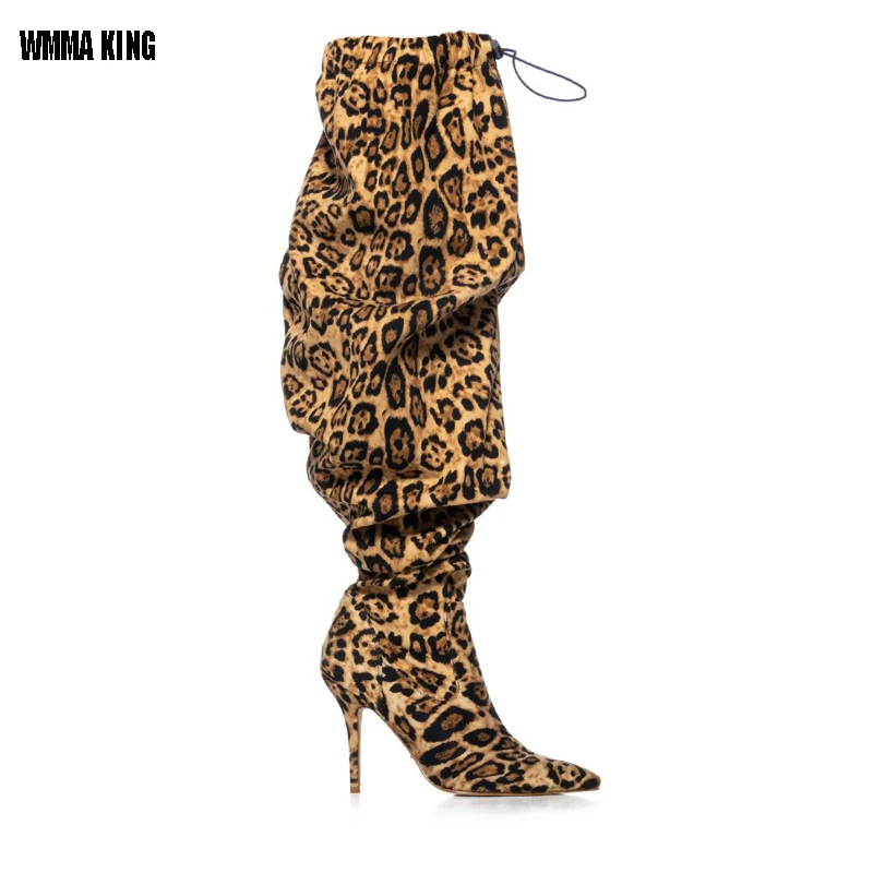 

Women Elastic Band Pointed Toe Thin Heels Over the Knee Boots Fashion Sexy Winter Ladies Leopard Print Party Dress Shoes 44