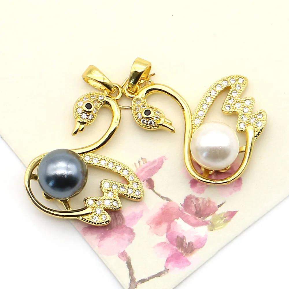 

New Simple Natural Freshwater Shell Beads Swans Pendant Inlaid Rhinestone Gold Color Women's Fashion Jewelry Necklace Gifts