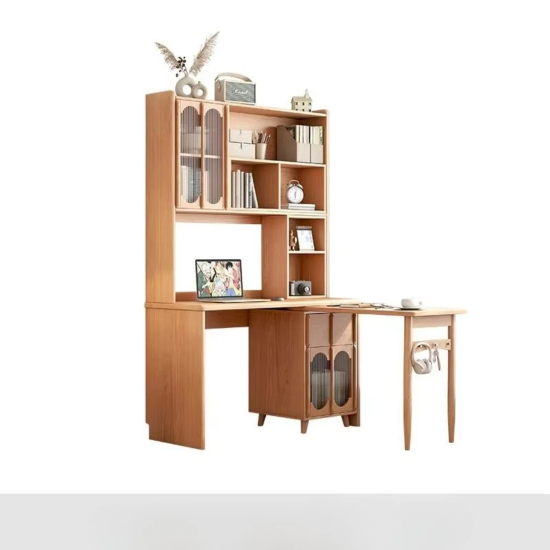 Solid wood desk bookshelf bookcase integrated folding corner combination study table computer writing desk