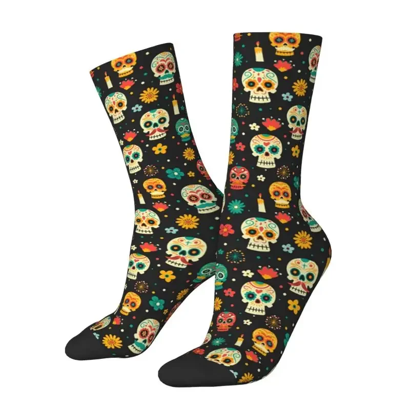 Y2K Funny Printing Mexican Flower Sugar Skull For Men Women Stretchy Summer Autumn Winter Day Of The Dead Crew Socks