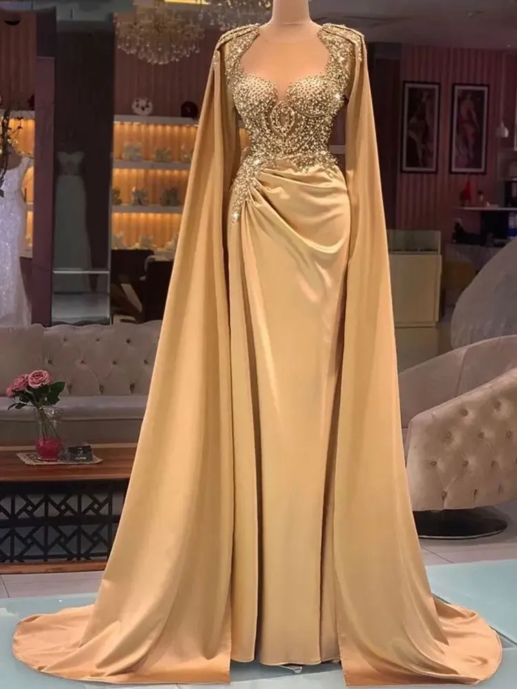 Luxury Champagne Evening Dresses with Wrap Sheer Neck Lace Beaded Pearls Celebrity Gowns Red Carpet Dress Custom Robes New