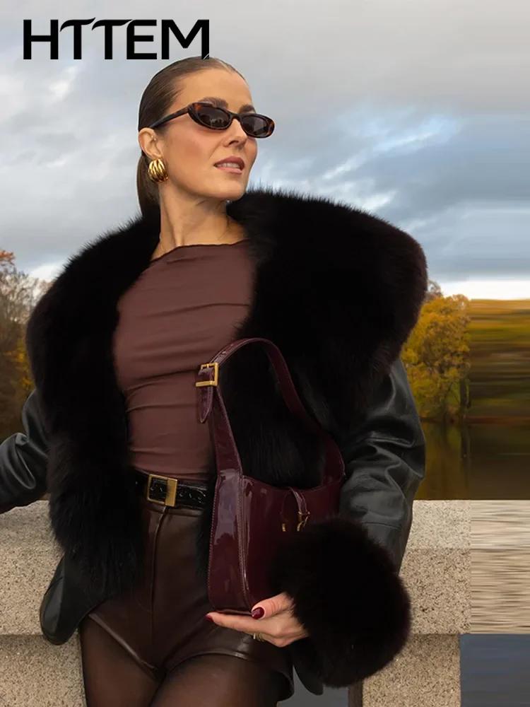 Faux Fur Leather Black Women's Jacket Chic V-neck Double Breasted 2026 Autumn Winter High Street Fashion Casual Lady Coat