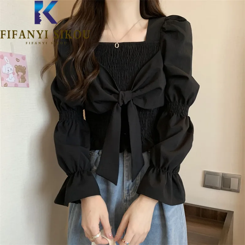 

Black Chiffon Shirt Women Bowknot Square Collar Long Sleeve Chic Shirts 2023 Spring Summer Elegant Womens Tops and Blouses