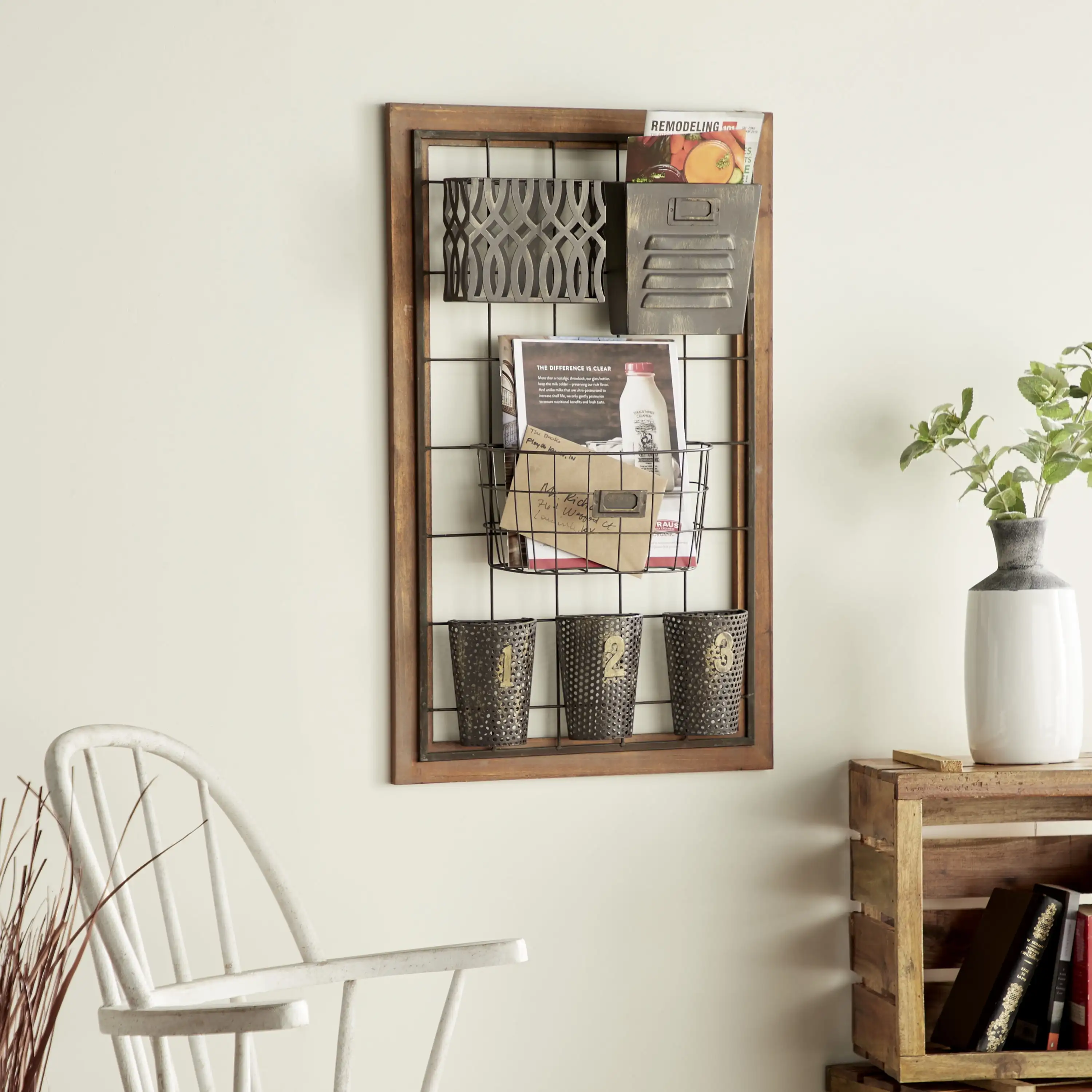 32" Brown Metal 1 Slot and 5 Baskets Magazine Rack Holder with Suspended Baskets and Label Slot