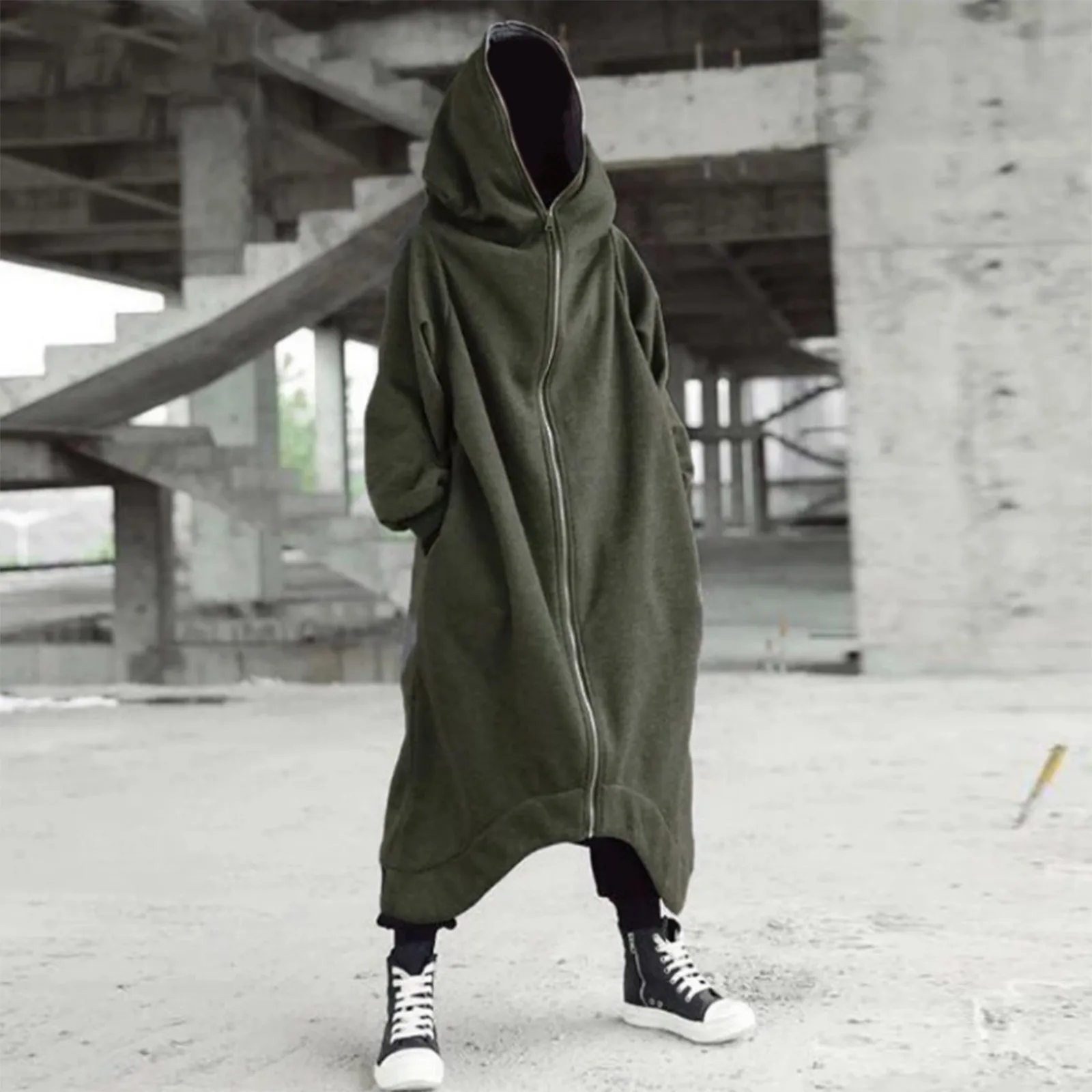 

Men's Solid Color Outerwear Personality Dark Style Full Body Long Sleeved Zipper Long Hooded Sweater Jacket