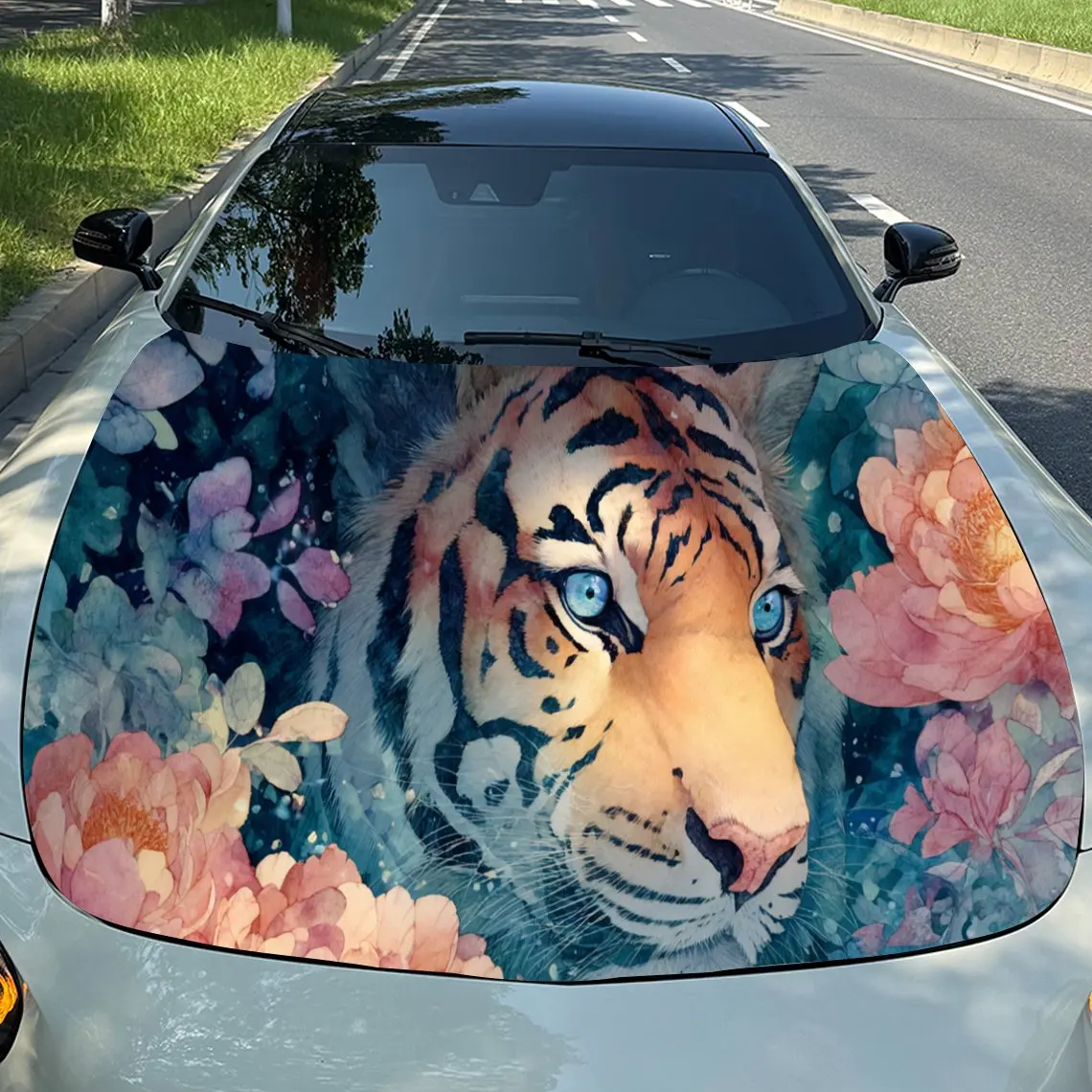 Dynamic Blooming Floral Tiger Car Vinyl Wrap, PVC Waterproof Car Hood Sticker, Self-Adhesive Scratch-Resistant Stickers for Engi