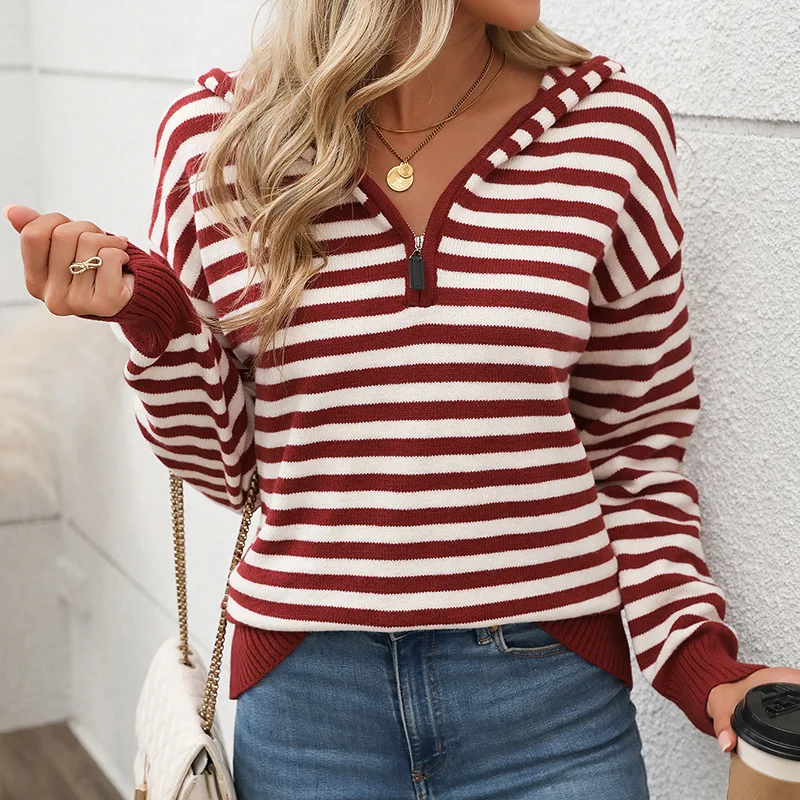 V-neck Striped Pullover Knit Sweater New Half-open Zipper Hooded Sweater for Women