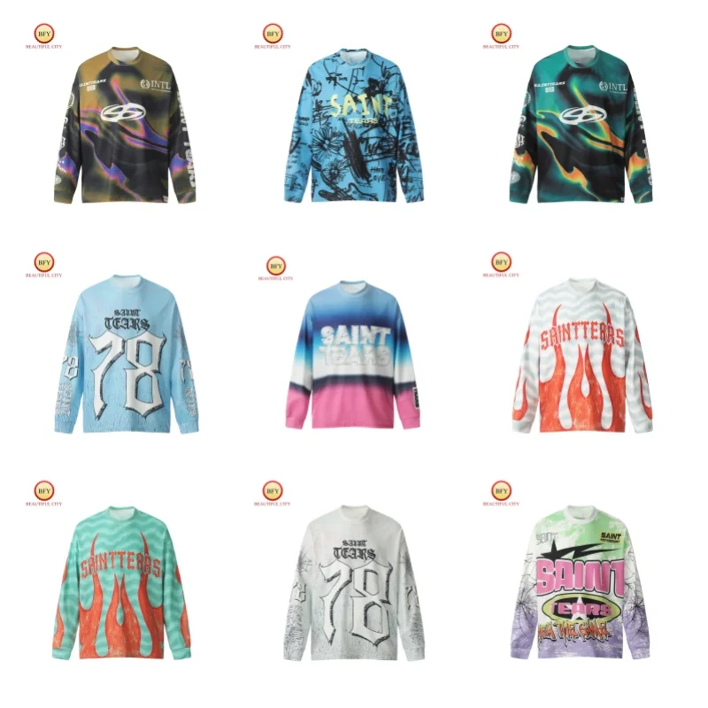 24ss Multi-colour SAINT Fashion Printed Long Sleeve T-shirt Autumn Winter Casual Mens Womens Trendy Tops