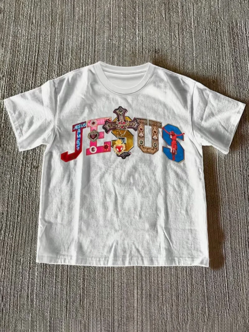 Women's Short Sleeved T-shirt Multi-Color Gemstone Cross & Jesus Graphic Print Women Crew Neck T-Shirt Unisex Casual Tops