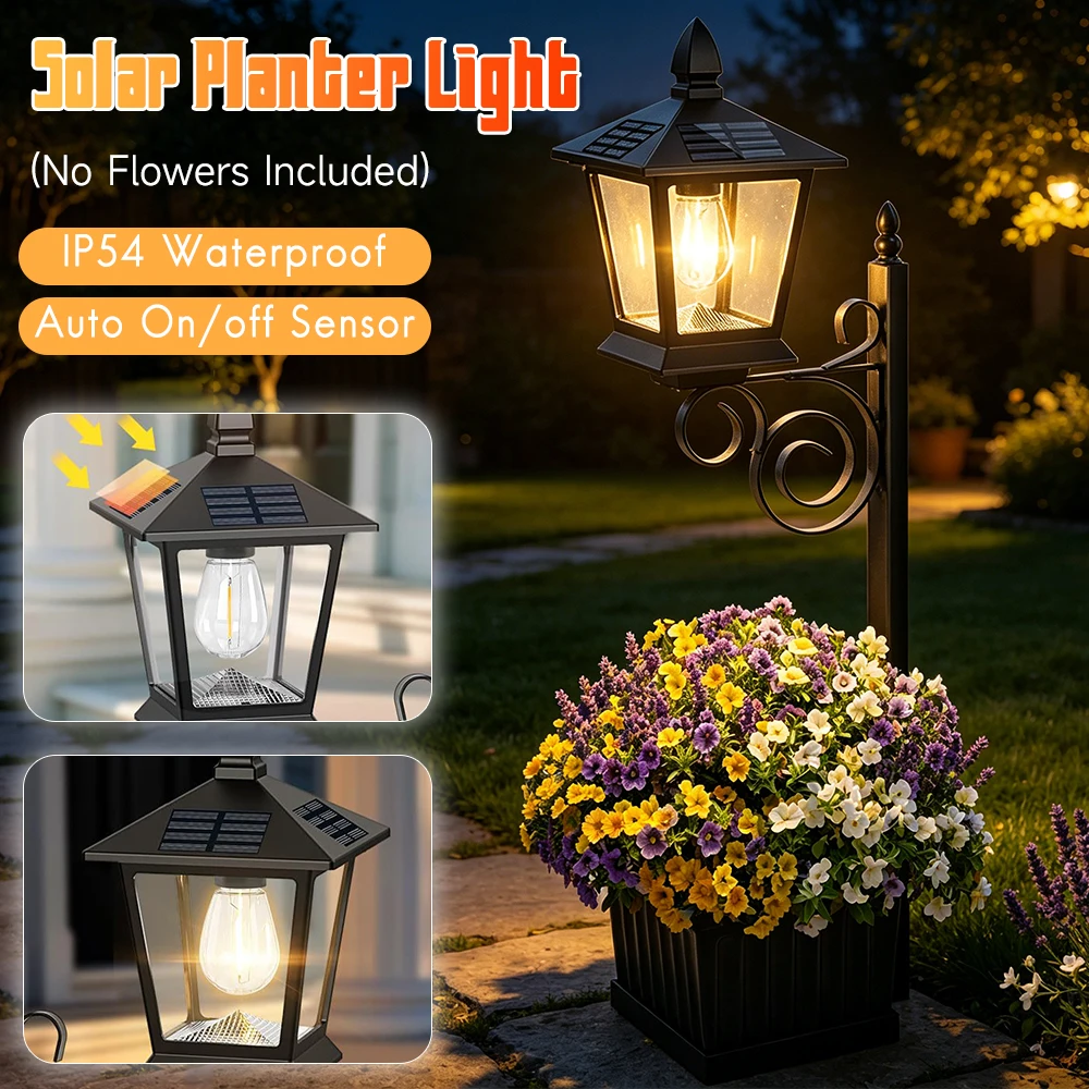 

Solar Powered Pathway Light with Planter Auto On/off Sensor Vintage Solar Porch Light for Garden & Patio (No Flowers Included)