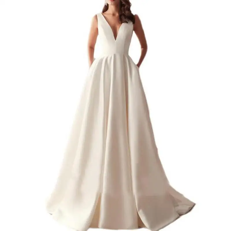 Vestido De novia con escote en V profundo y espalda descubierta para mujer, vestido De novia De satén con tren, Sexy vestido De novia, vestido De línea A Simple y elegante, nuevo