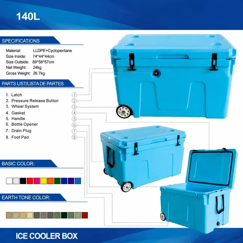 140L Large LLDPE Outdoor Insulated Cooler Box for Fishing Cold Chain Vaccine Storage Car Use Durable Turnover Container