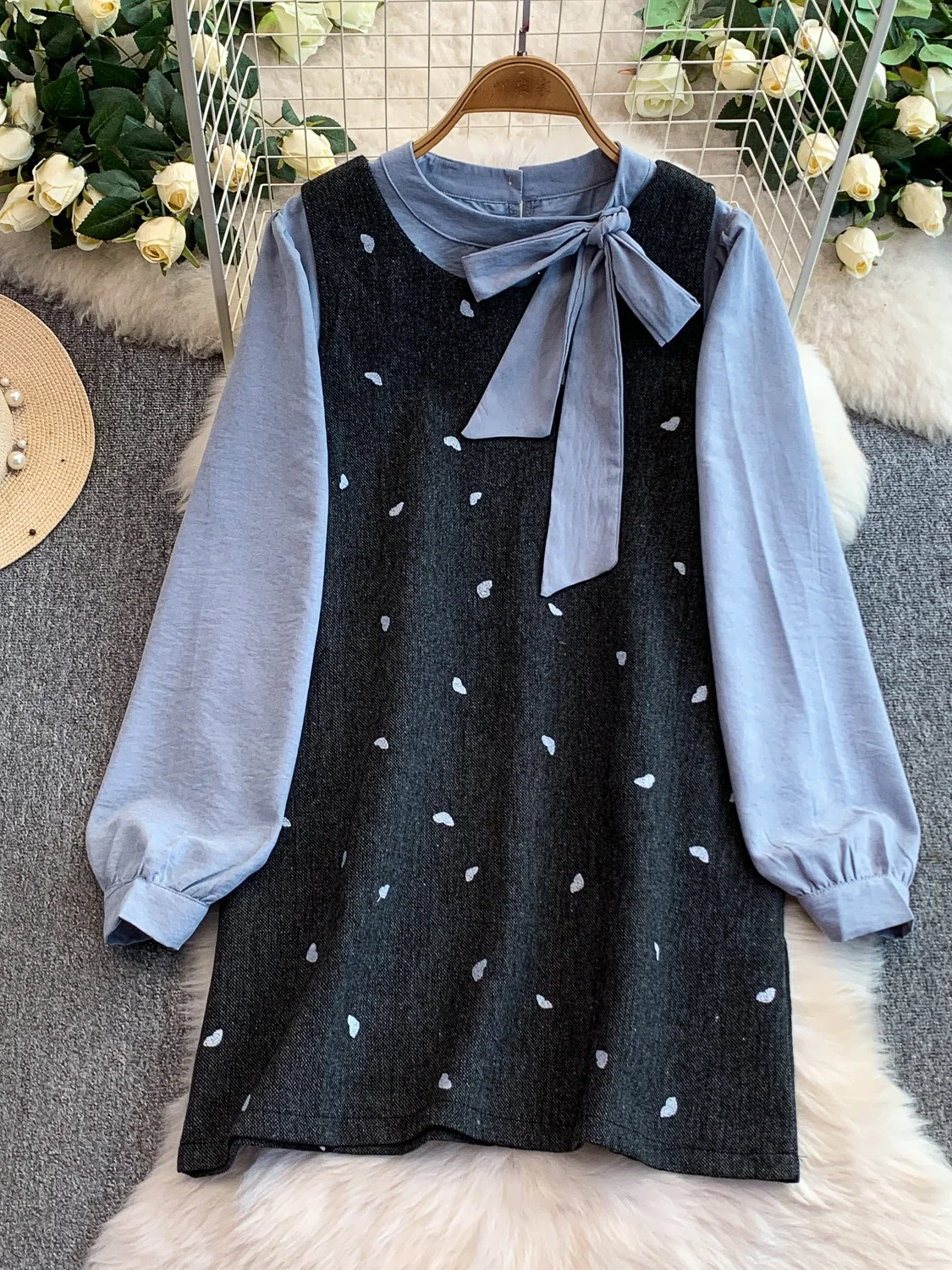 

Retro Polka Dot Midi Dr with Vest Inner Wear Ele Knot irt Set Women's Faion Ensemble Autumn Casual Wear