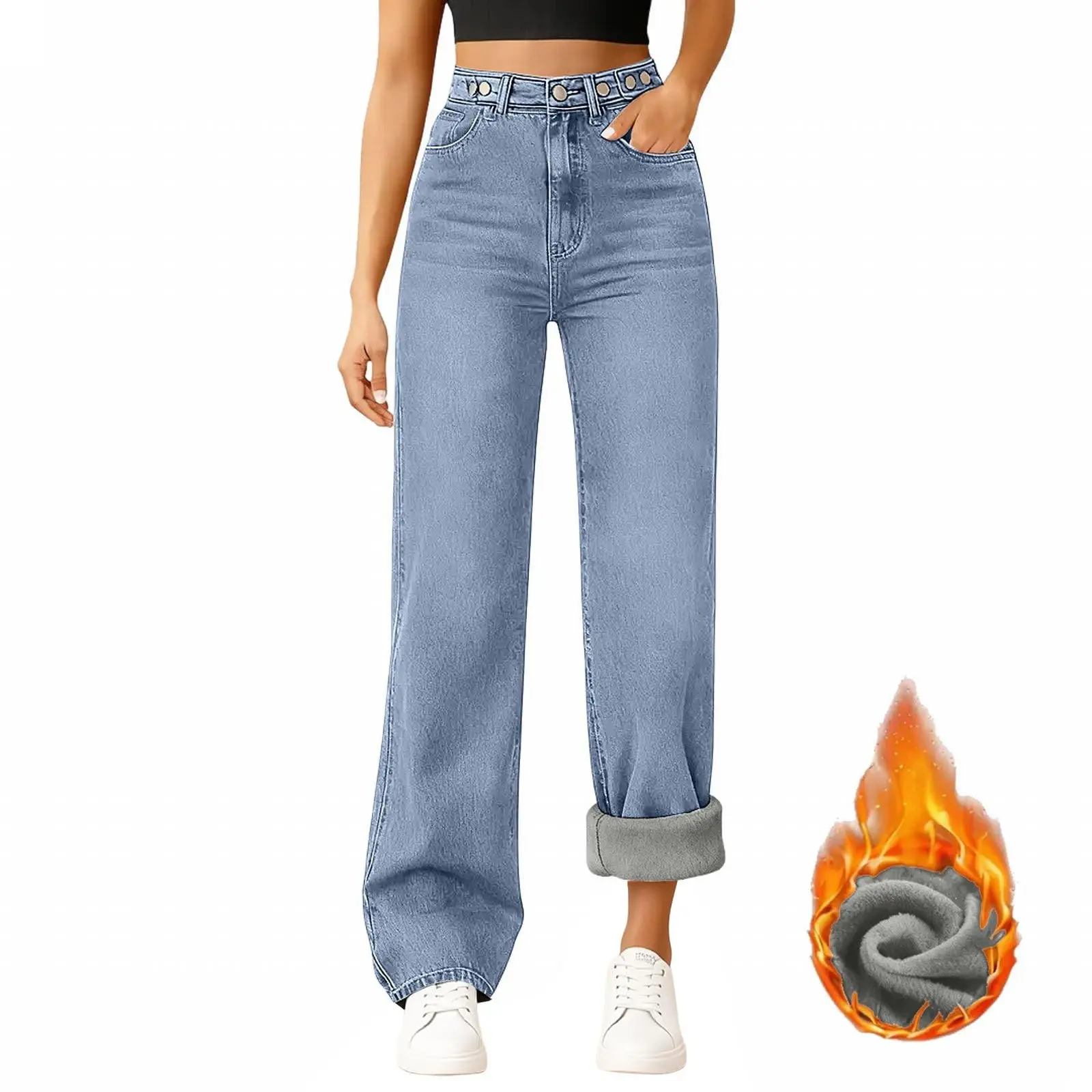 New Woman Korean Double Buckle Design Jeans Female Winter Snow Warm Thermal Plush Pants Girls Popular High Waist Denim Trousers