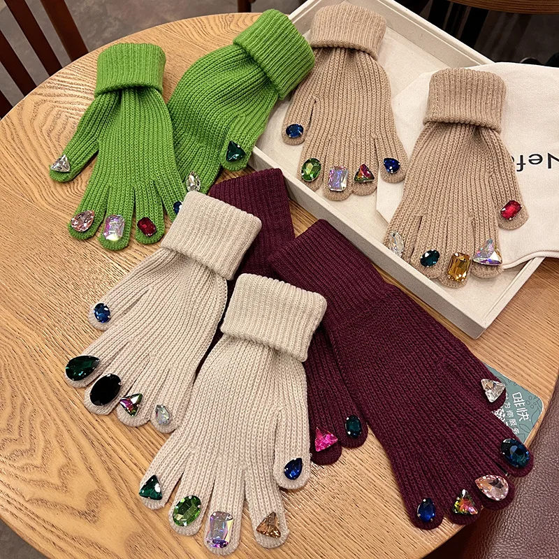 Guantes de lana con diamantes de imitación para otoño e invierno, guantes de punto con dedos divididos, moda coreana, cálidos, C037