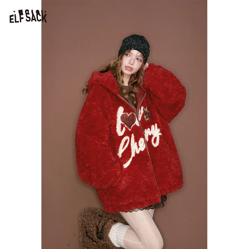 

ELFSACK Y2K Cute Casual Letter Heart Embroidery Hooded Faux Wool Jacket For Women
