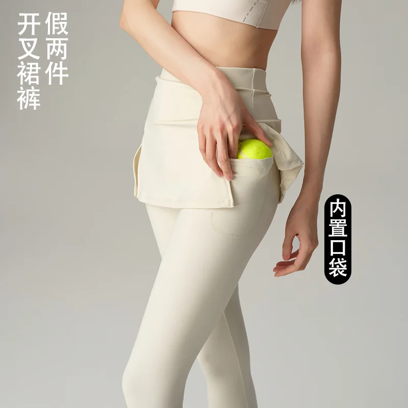 Fake Two-piece Slit Culottes Tennis Skirt Built-in Pockets Tight Yoga Pants Spring and Autumn Belly