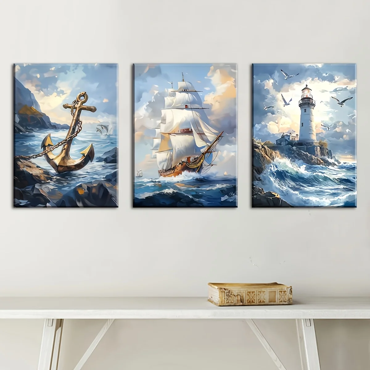 3PCFramed Canvas Painting Ready To Hang Featuring Abstract Nautical Themes Ships Anchors Sailboats for Home DecorRoom Decoration