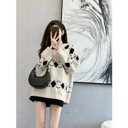 Vintage Loose Geometric Sweater Women Autumn Winter O-neck Long Sleeve Knitwear Simplicity All-match Office Lady Knitting Tops