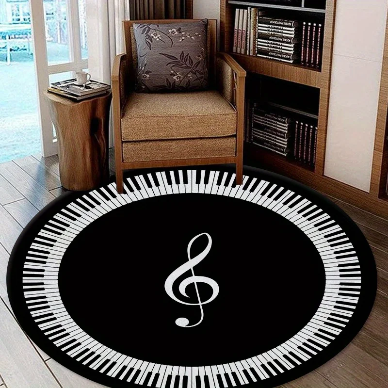 Piano Print Round Rug Music Element Carpet Living Room Bedroom Non-slip Chair Mat Sofa Coffee Table Study Area Bedside Rug Decor