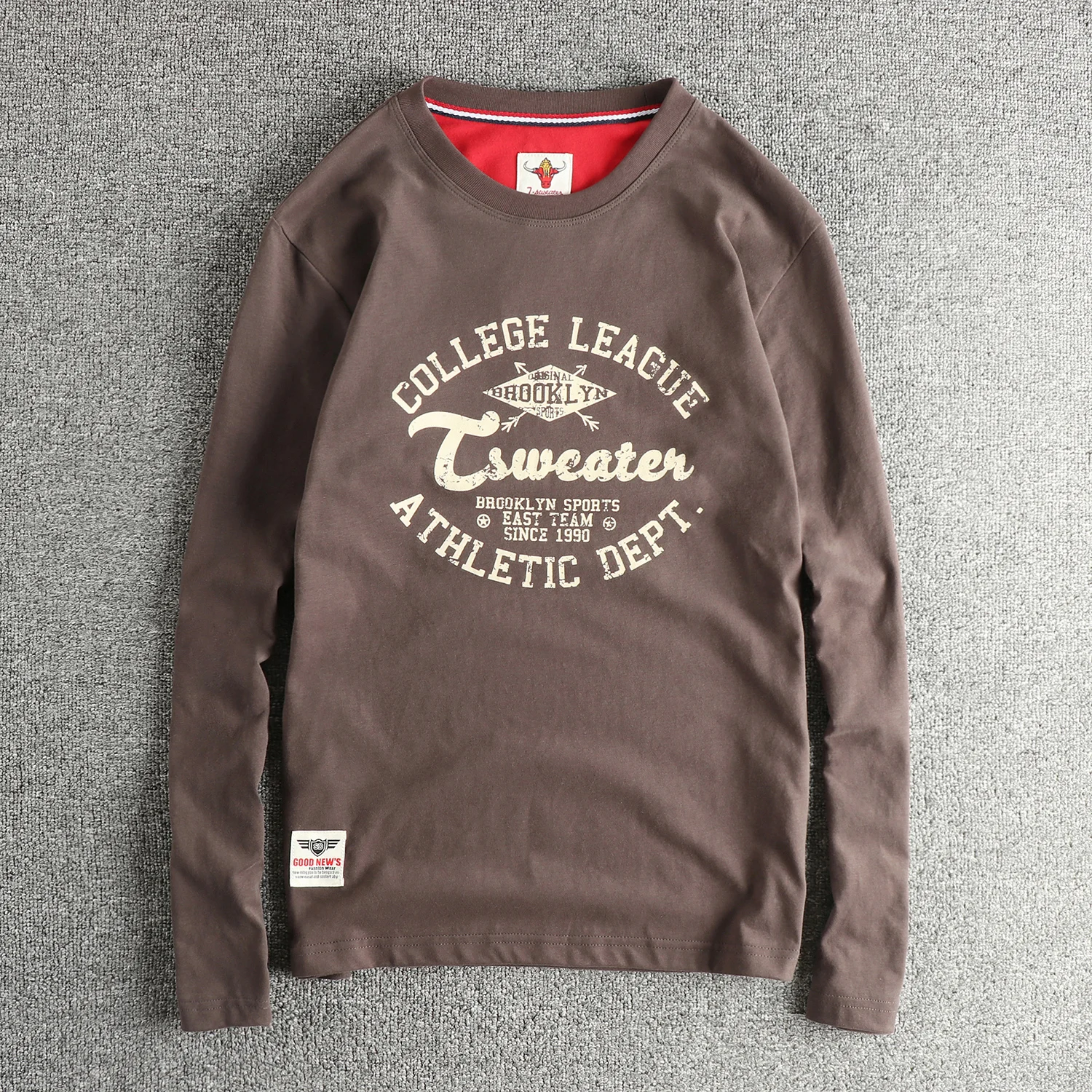 100% Cotton Retro Letter Long Sleeve T-shirt Men's Washed Furry Comfortable Round Neck Base Shirt Top