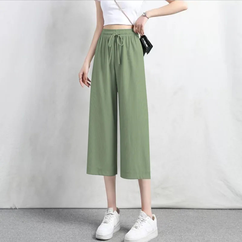 2023 Summer New Women's Imitation Ice Silk Capris Casual Wide Leg High Waist Fashion Korean Versatile Loose Solid Color Pants