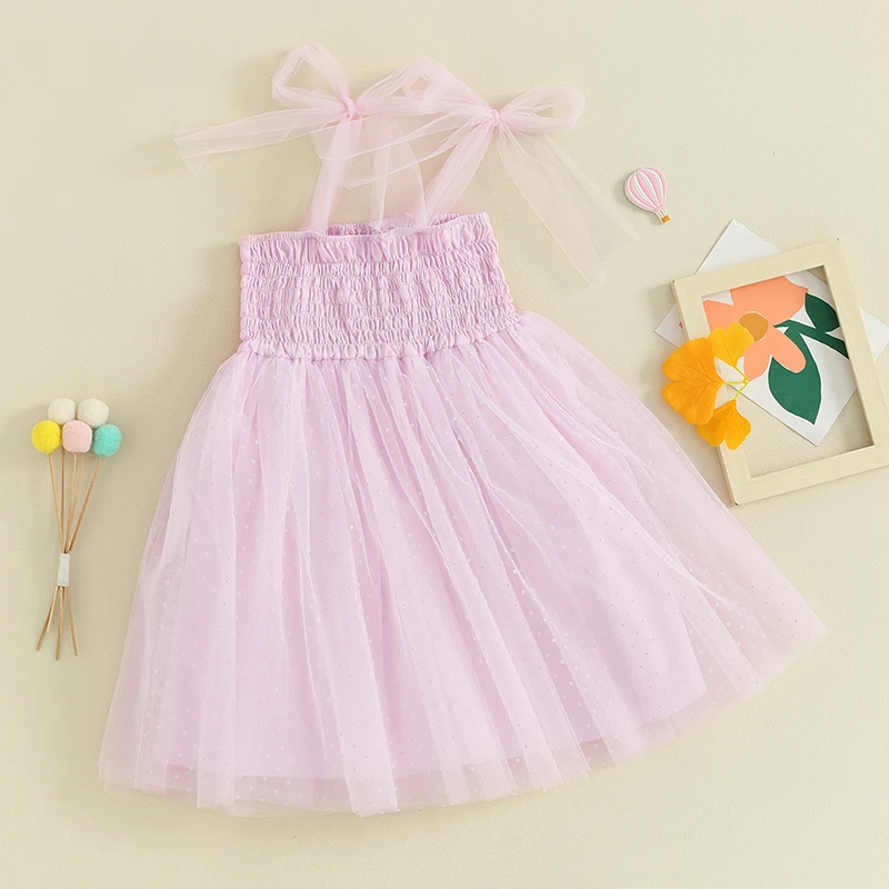 Little Girl Summer Cami Dress Tie-up Shoulder Strap Shirred Tulle Patchwork A-Line Dress