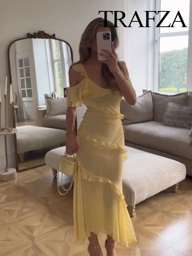 

HH Female Fashion Sleeveless Dresses Yellow Square Collar Backless Tierred Decoration Women's Summer Beach Style Long Dress