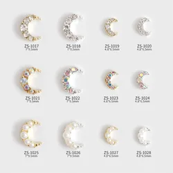 10PCS Japan AB White Diamond Pearl Inlaid Gold Silver Crescent Moon Alloy Nail Art Rhinestones Jewel Decorations Manicure Charms