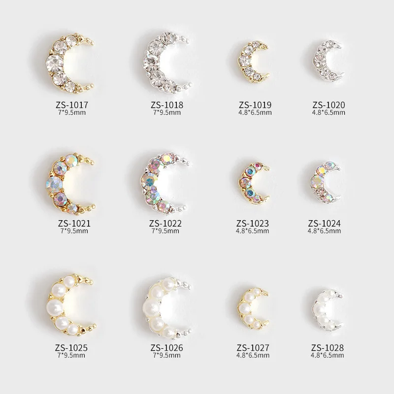 10PCS Japan AB White Diamond Pearl Inlaid Gold Silver Crescent Moon Alloy Nail Art Rhinestones Jewel Decorations Manicure Charms