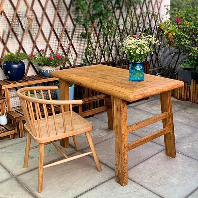 #Rustic wooden dining table, suitable for the elderly, made of old elm door panels, dining  and coffee , retro wooden weathered