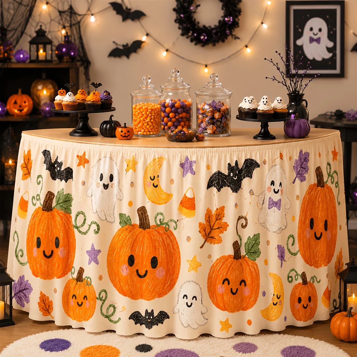 One tablecloth or table skirt, a cute Halloween table skirt with textured crayon smiling face and bat patterns.