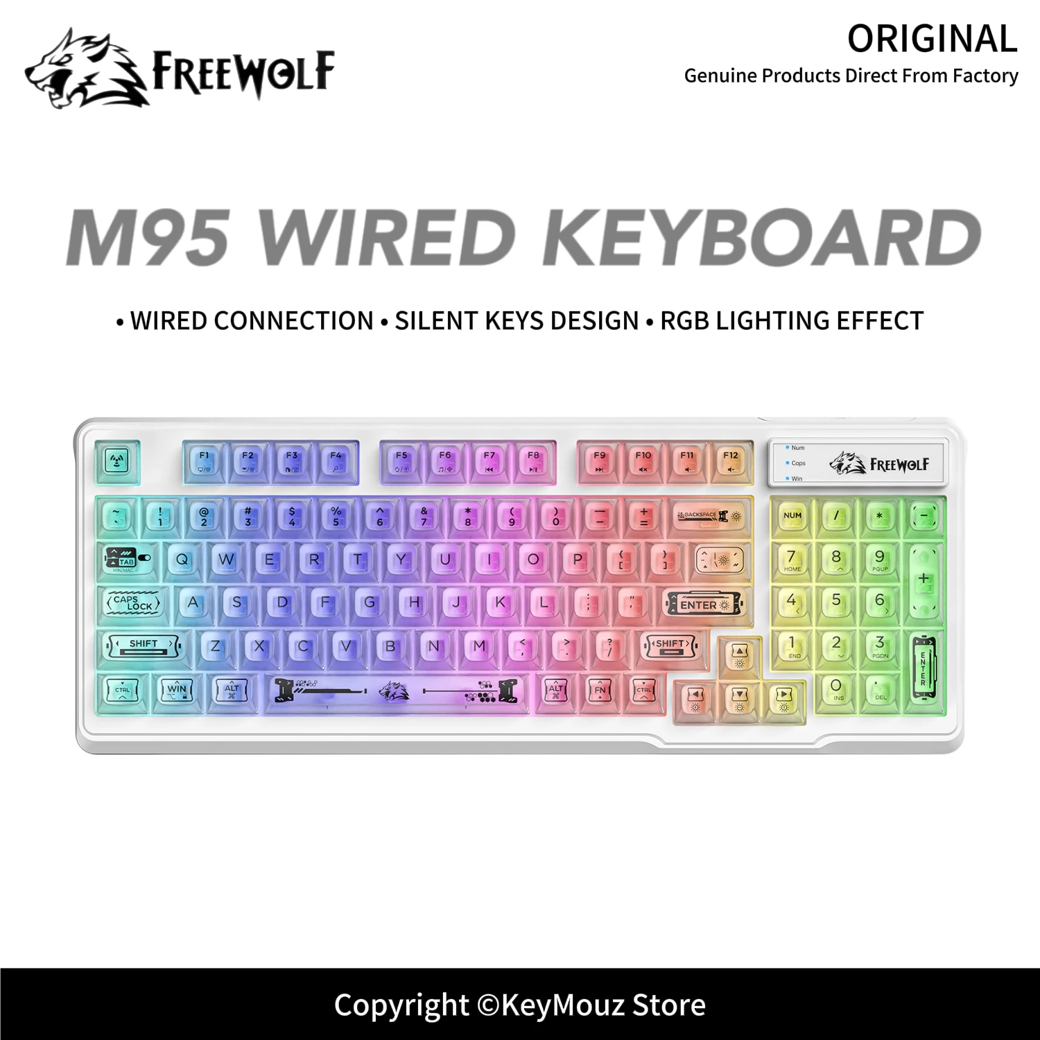 98% Layout M95 Silent Wired Office Keyboard FREEWOLF Transparent Keycaps RGB Backlit Ergonomic Design for Windows Mac