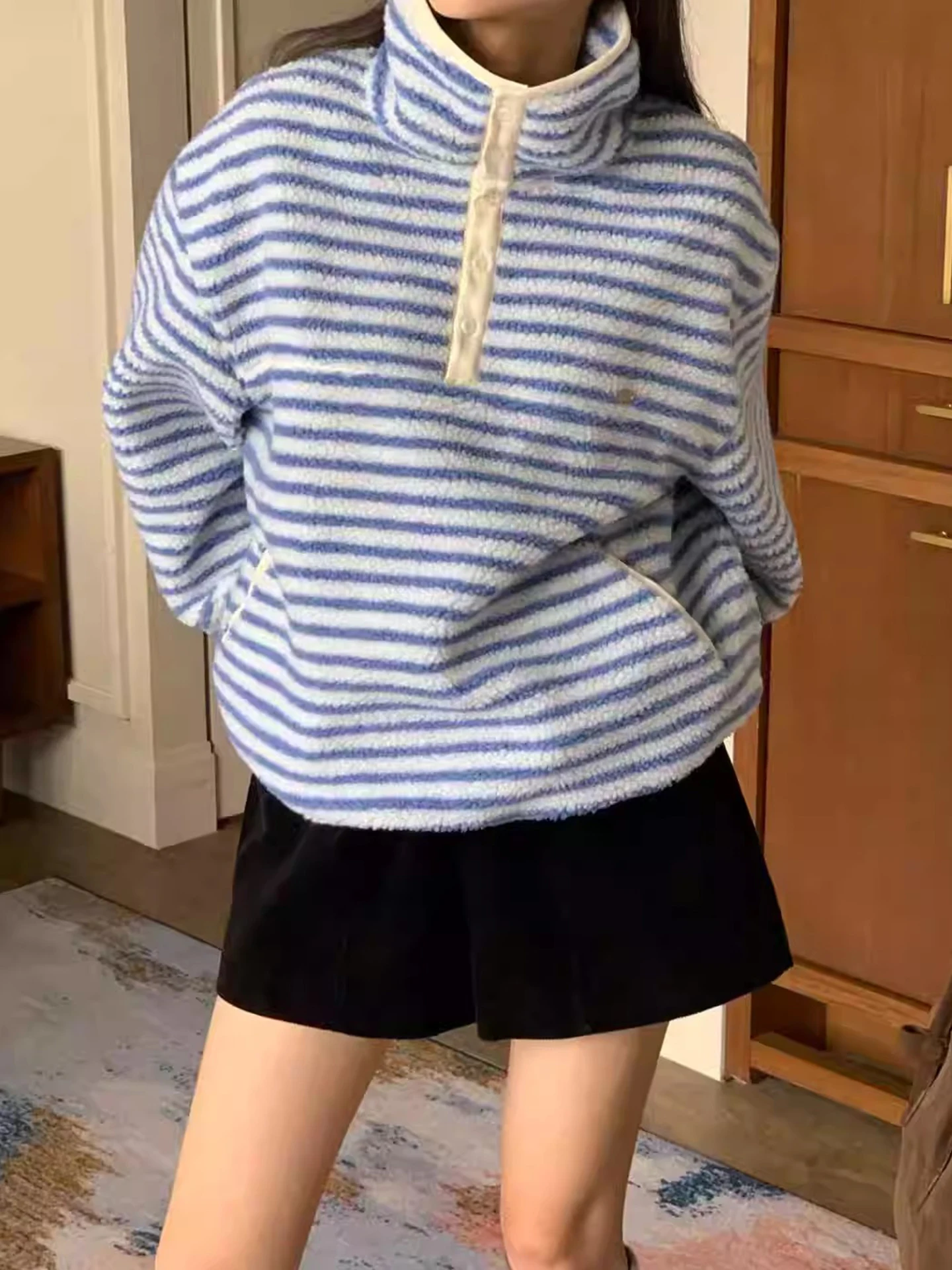 Damska bluza oversize z kapturem, kurtka w paski, kolorowy blok, nowa zimowa bluza z dużym kołnierzem, luźna góra, styl koreański, długa bluza.