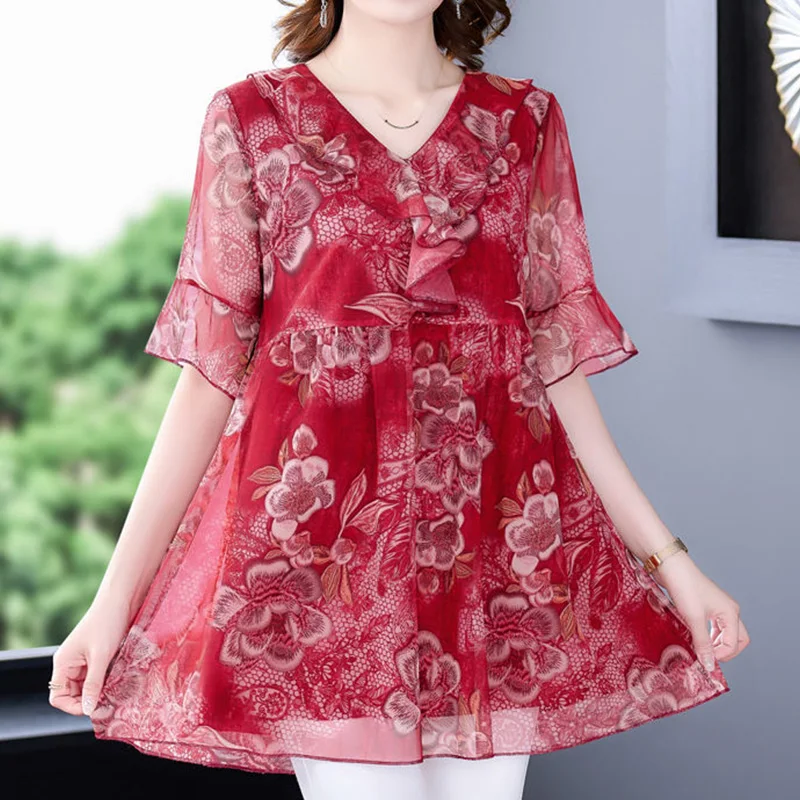 Vintage Casual Floral Printing Ruffles Gauze Shirt Summer 2023 V-Neck Short Sleeve Loose Pullover Oversized Tops Ladies Clothing