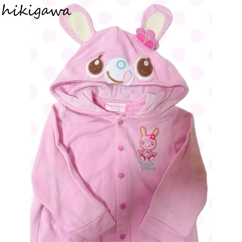 سترة يابانية لطيفة ملابس نسائية مطرزة على شكل أذن أرنب بقلنسوة واحدة الصدر Y2k معاطف عصرية غير رسمية معاطف حلوة Ropa Mujer #4