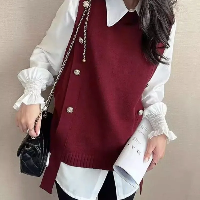 V-neck Knitted Shirt Vest Women\'s Spring/Autumn/Winter New Style Loose and Versatile Pullover Shoulder